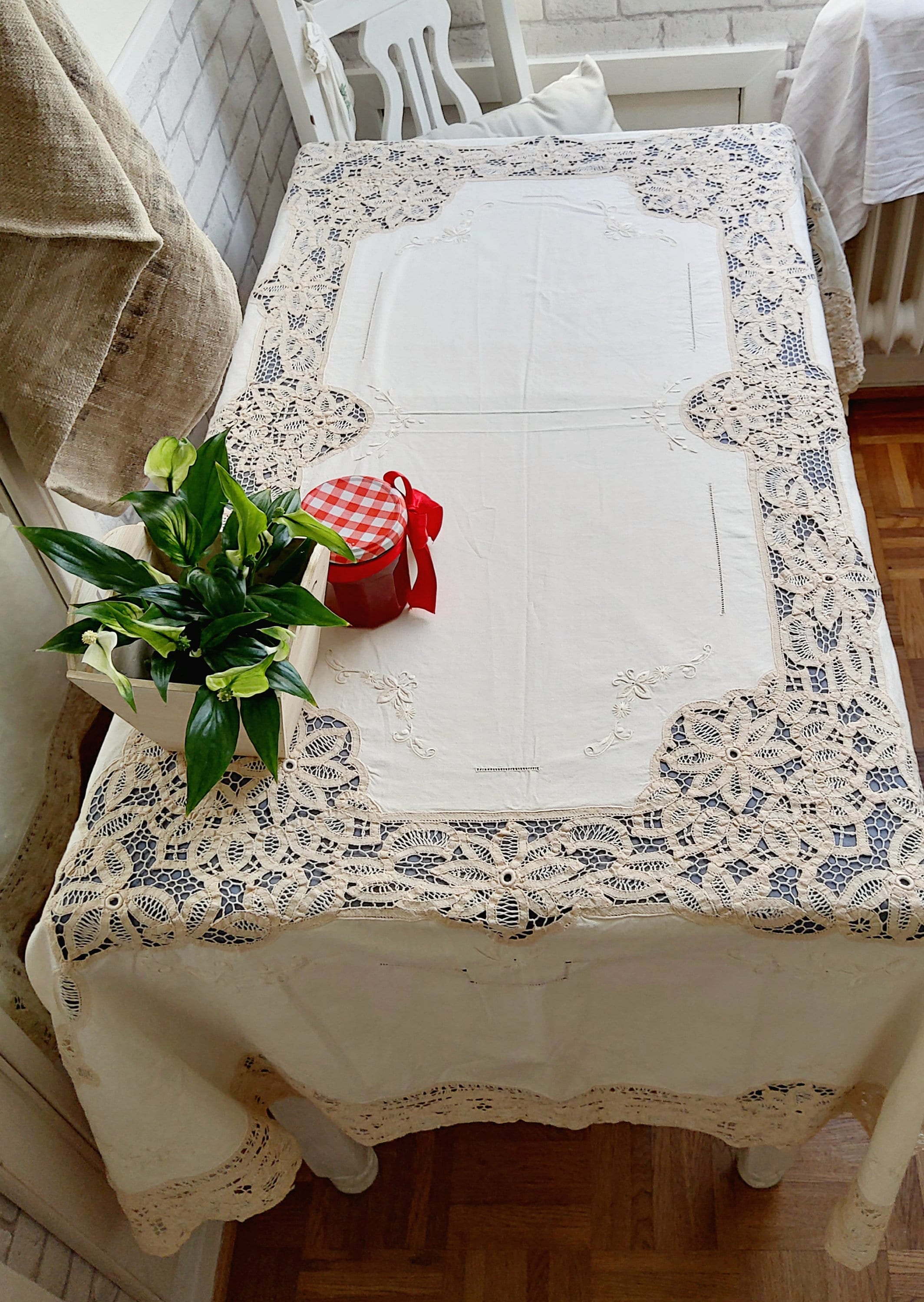 Vintage Handmade Large Tablecloth, Ribbon Lace, Bobbin Lace, Light ...