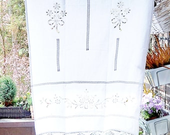 Cortina/visillo, diseño calado, borde de encaje de bolillos, blanco