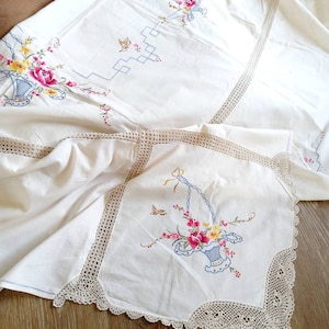 ANTIQUE: 210 cm, handmade, Edwardian embroidery, large embroidered tablecloth, flower basket roses, crochet lace, white, square large