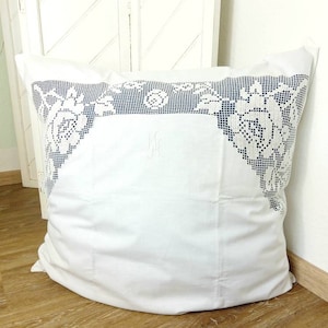 Vintage Parade cotton pillow, monogram, rose crochet lace, white
