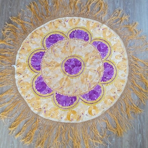 Matya Doily, 111 cm, silk yarn, Hungary tablecloth, large, round, gold, purple colors, flowers, fringes