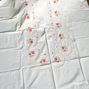 ANTIQUE: embroidered handwork, tablecloth, kitchen cloth, pink roses, flat embroidery, colorfully embroidered,