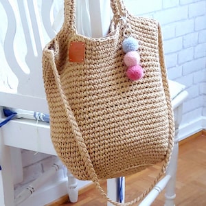 Linnen/katoenen gehaakte tas, handtas, kruistas handgemaakt gehaakt, gevoerd, pompon hanger