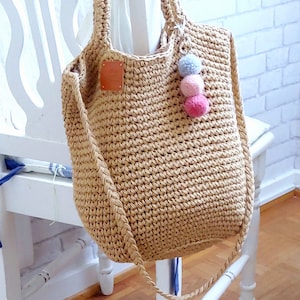 Linen/cotton crochet bag, handbag, crossbag handmade crocheted, lined, pompom pendant