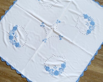 Kalocsa, Hungary, handmade, linen tablecloth, square, blue embroidered, lace pattern, white