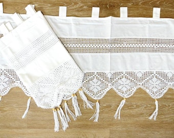 Cortina de bistró, cortina, borde de encaje de ganchillo, borlas blancas, cortina de cafetería