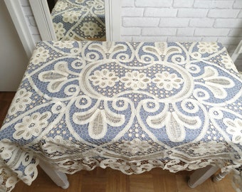 ANTIQUE: Linen handmade tablecloth, Brussels ribbon lace, bobbin lace light beige