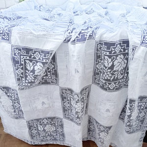 ANTIQUE French lace, linen patchwork wedding, tablecloth, bobbin lace, white