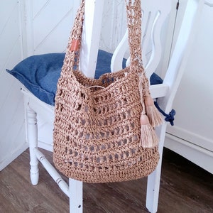 Handcraft: Raffia/ straw crochet market, shopping bag, lined, pendant,