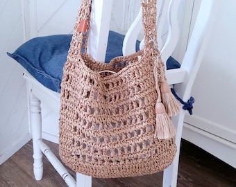 Handmade: Raffia/straw crochet market, shopping bag, lined, pendant,