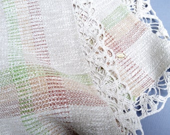 LINEN Handwoven, tablecloth, centerpiece, stripes, pink green, beige