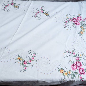 ANTIQUE: embroidered handwork, tablecloth, kitchen cloth, pink roses, flat embroidery, colorfully embroidered,