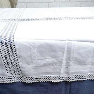 Jugendstil Hochzeit DamastAltes Tischtuch ,Patchwork, Tischdecke mit Spitzen Handarbeit