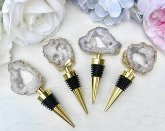 Handcrafted White Clear Agate Druzy crystal Wine Bottle Stopper Gold Electroplated Stainless Steel Hostess Bridal Birthday Housewarming Gift
