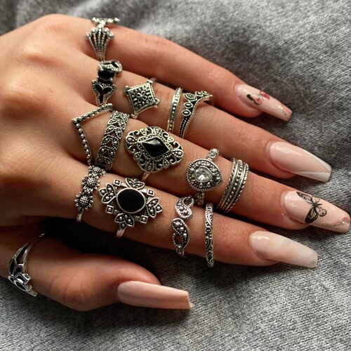 11 Piece SET BOHO Silver Rings Etsy
