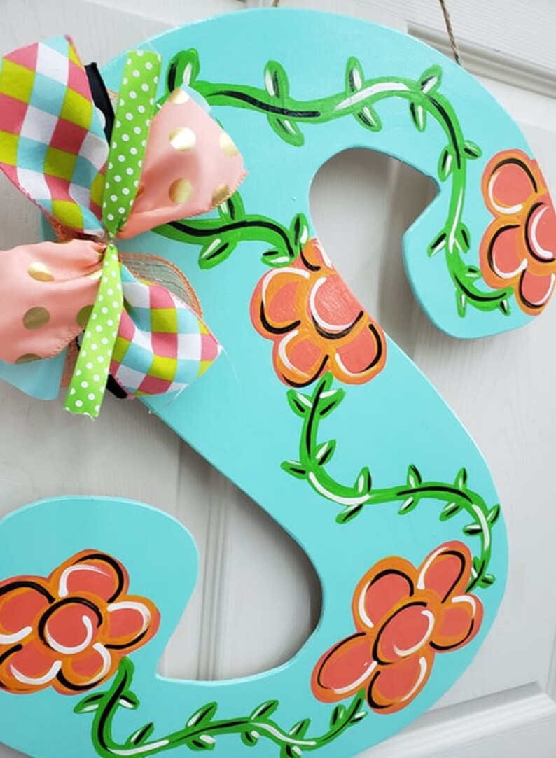 Letter S S Initial Teal Coral Flowers Door Hanger Door Etsy