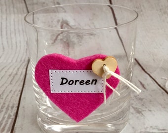 Glass marker, heart-shaped glass marker made of wool felt, personalized, metal clip or suction cup