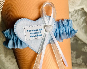 Strumpfband blau Hochzeit Brautstrumpfband Maßanfertigung personalisiert Wunschtext