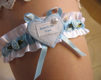 Garter, bridal garter, wedding, bride, white, blue, florets, with desired inscription, first names, wedding date, saying