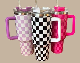 40oz Stainless Steel Tumbler | Cup with Handle | 40oz Checkered Print Cup | Black and White Tiles | Retro Cups