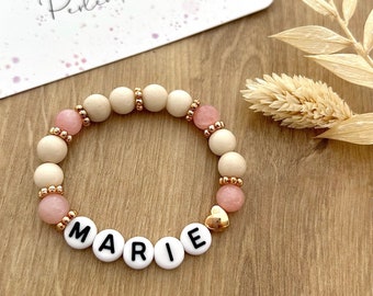 Baby-Perlenarmband  creme & rosa / Neugeborenenarmband Babyarmband Kinderarmband Mädchen personalisiert individuell Natursteinperlen