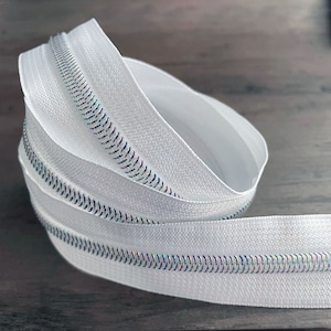 Iridescent teeth on White tape Nylon zipper by the yard size #5