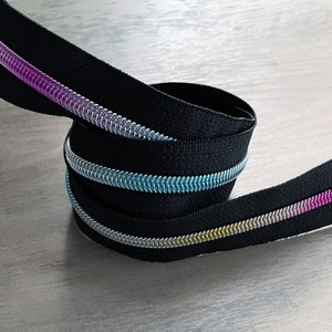 Metallic Rainbow teeth on Black tape Nylon zipper by the yard size #5 New