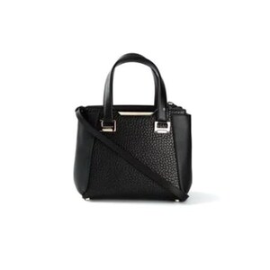 May include: A black leather handbag with a top handle and a shoulder strap. The bag has a textured finish and silver hardware.