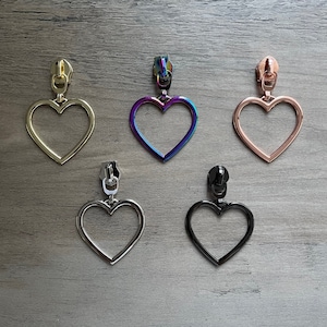 Open Heart zipper pulls (5 pcs) designed for #5 nylon zipper tape.  No. 5 zipper pulls