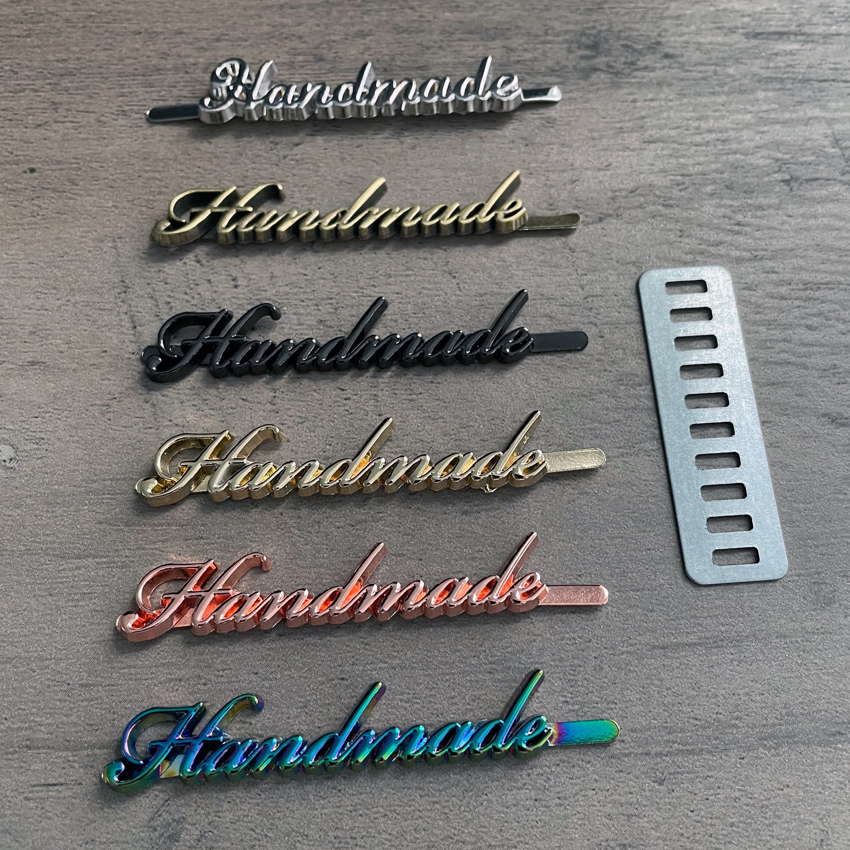 Metal "Handmade" Script Tags: Bag/Purse Labels (5 pcs)