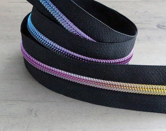 Metallic Rainbow teeth on Black tape Nylon zipper by the yard size #5