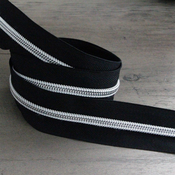 Metallic Silver teeth on Black tape Nylon zipper by the yard size #5