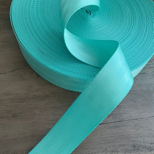 May include: A roll of turquoise blue webbing, a type of strong, flat, woven fabric often used for straps and belts.