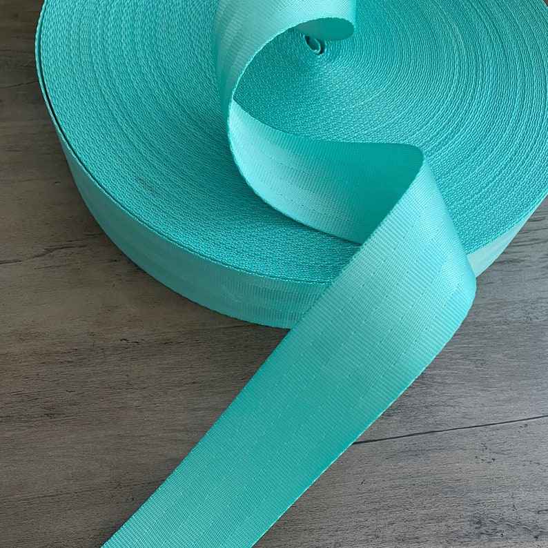 May include: A roll of turquoise blue webbing, a type of strong, flat, woven fabric often used for straps and belts.