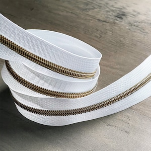 Copper teeth on White tape Nylon zipper by the yard size #5