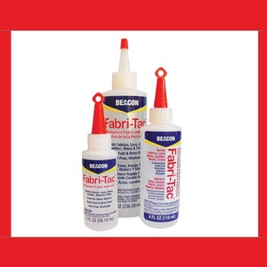 May include: Three bottles of Beacon Fabri-Tac permanent fabric adhesive. The bottles are white with blue and red labels. The labels list the product's uses, including fabrics, lace, and leather. The bottles have red applicator tips.