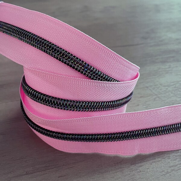 Iridescent teeth on Pink Lemonade tape Nylon zipper by the yard size #5