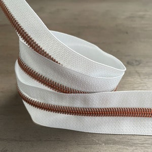 Rose Gold teeth on White tape Nylon zipper by the yard size #5