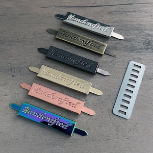 Metal "Handcrafted" Rectangle Tags (5 pcs) Purse/Bag Label, 36x10 mm Metal "Handcrafted" Tags With Feet For Personalized Handcrafted