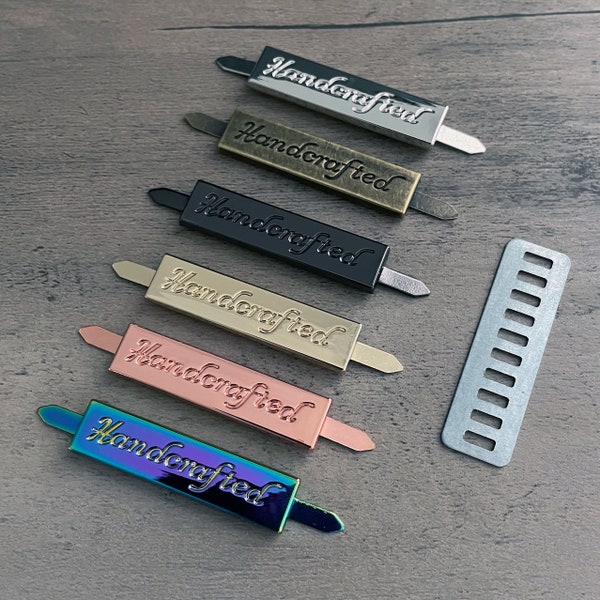 Metal "Handcrafted" Rectangle Tags (5 pcs) Purse/Bag Label, 36x10 mm Metal "Handcrafted" Tags With Feet For Personalized Handcrafted