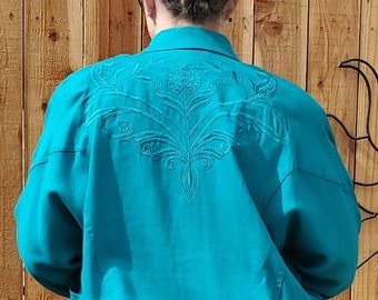 Vintage 1980s Suzelle Teal Blue Green Embroidered Dolman Sleeve Jacket