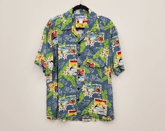 Vintage 1990s Y2K Utility Teal Hawaiian Shirt