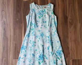 Vintage 1990s Danny & Nicole Blue Green Watercolor Floral Chiffon Sleeveless Ankle Maxi Aline Dress