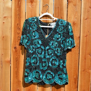 Vintage 1990s Papell Boutique Evening Black and Teal Emerald Floral Sequin Short Sleeve Shirt