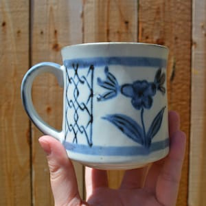 Vintage 1980s Blue Hand Painted Bird Mug