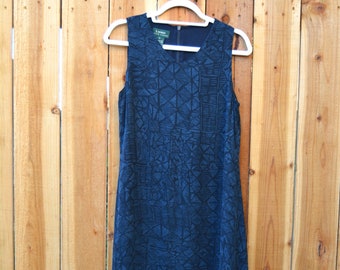 Vintage Y2K Lauren Ralph Lauren Navy Blue Abstract Print Silk Sleeveless Ankle Length Slip Dress