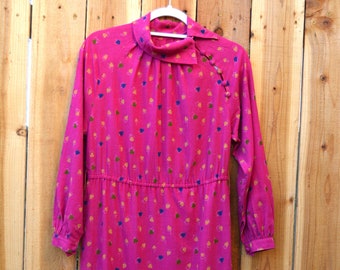 Vintage 1980s Hot Pink Linen Heart Print Dress