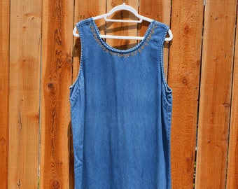 SOLD OUT! Vintage 1990s No Label Embroidered Southwestern Denim Sleeveless Midi Dress