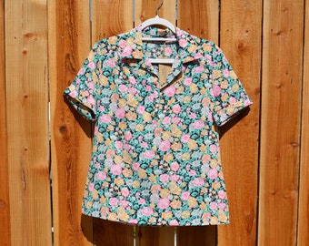 Vintage 1990s Panther Black Floral Short Sleeve Popover Shirt