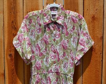 Vintage 1990s Milanzo Pink and Green Floral Rose Paisley Fit and Flare Short Sleeve Collared Dress